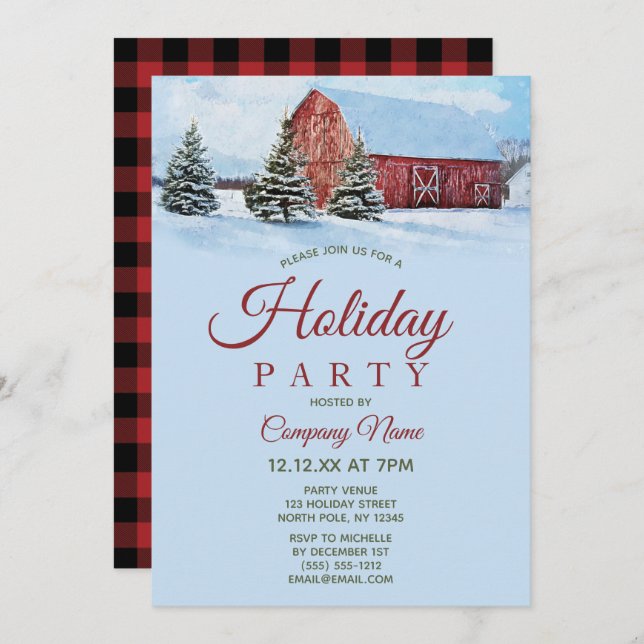Red Barn Forest Corporate Holiday Christmas Party Invitation (Front/Back)