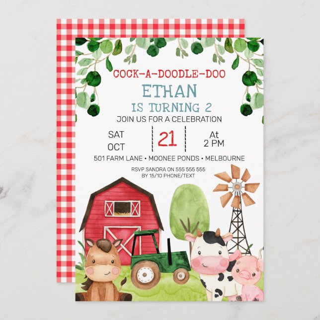 Red Barn Green Tractor Farm Farmyard Birthday Invitation (Front/Back)