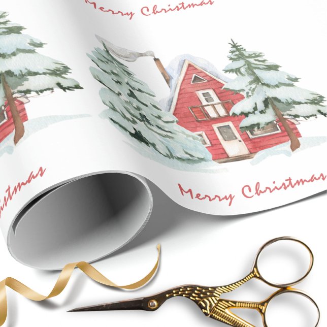 Red Barn Green Winter Forest Pine Christmas Tree Wrapping Paper (Creator Uploaded)