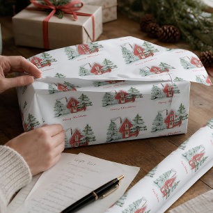 Red Barn Green Winter Forest Pine Christmas Tree Wrapping Paper