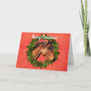 Red Barn Horse and Wreath Christmas Card