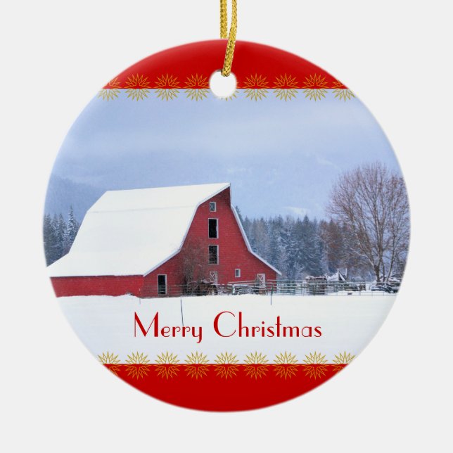Red Barn in Snow, Christmas Ornament (Front)