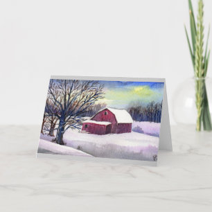 Red Barn in Snow Holiday Card