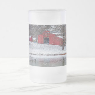 Red Barn In Snow Painterly Frosted Glass Beer Mug