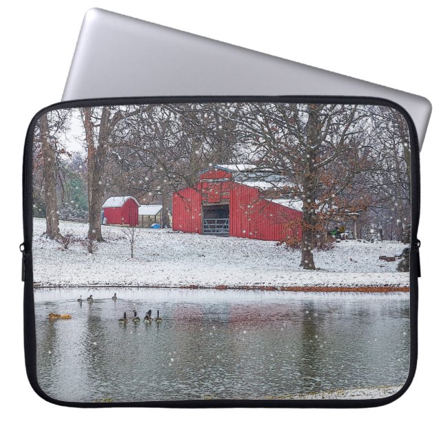 Red Barn In Snow Painterly Laptop Sleeve (Front)