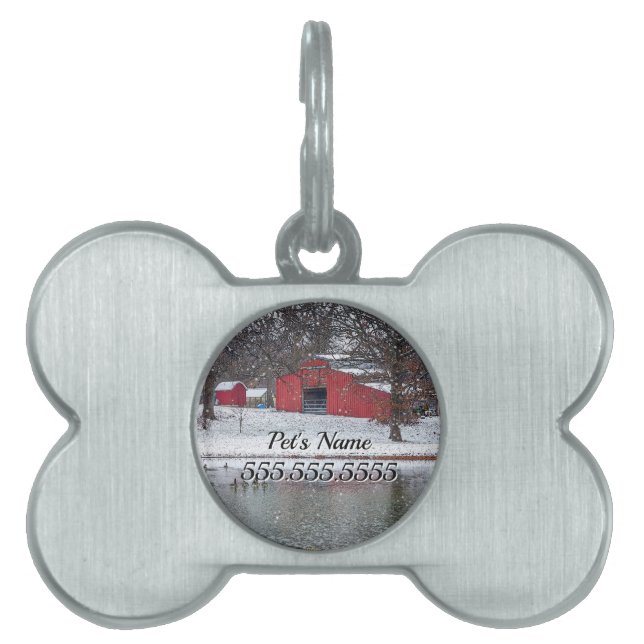 Red Barn In Snow Painterly Pet ID Tag (Front)
