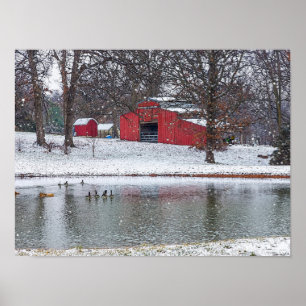 Red Barn In Snow Painterly Poster