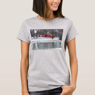 Red Barn In Snow Painterly T-Shirt