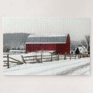 Red Barn in Snow Scenic Puzzle