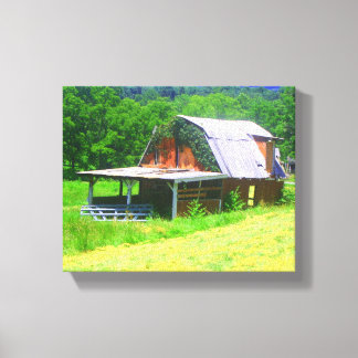 Red barn in the mountains canvas print