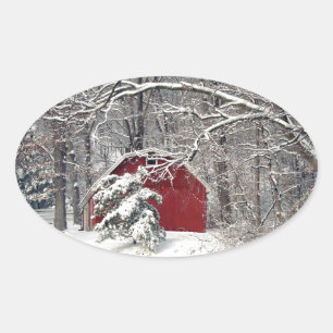 Red Barn in the Snow 2011 Oval Sticker