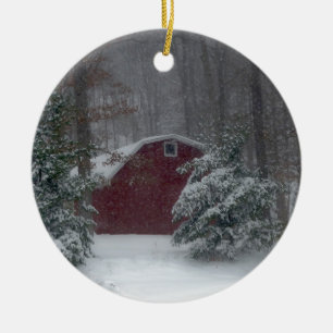 Red Barn in the Snow Ceramic Tree Decoration