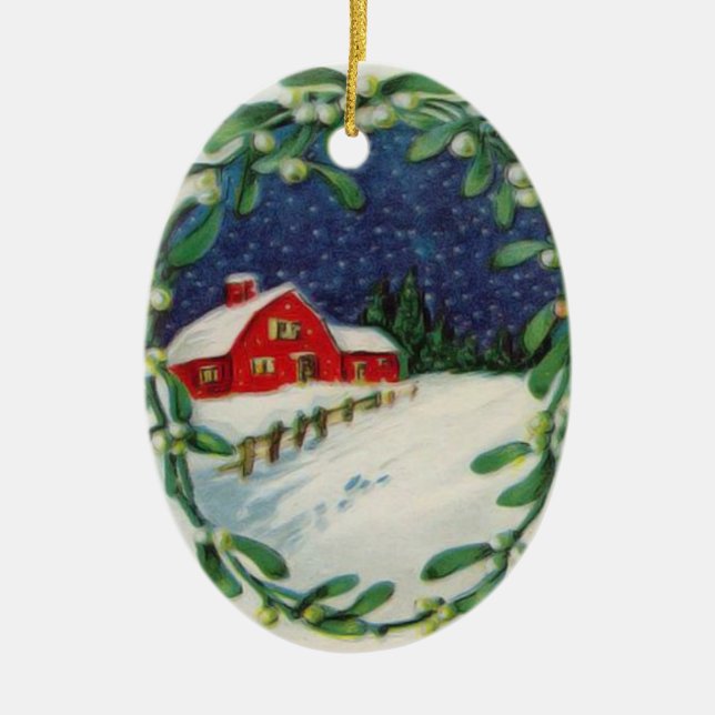 Red barn in the snow Christmas Ornament (Front)