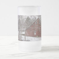Red Barn In The Snow Frosted Glass Beer Mug