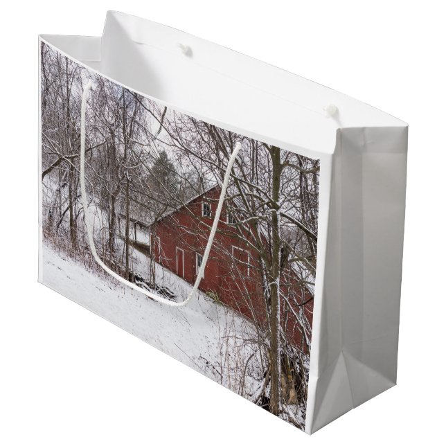 Red Barn In The Snow Large Gift Bag (Front Angled)
