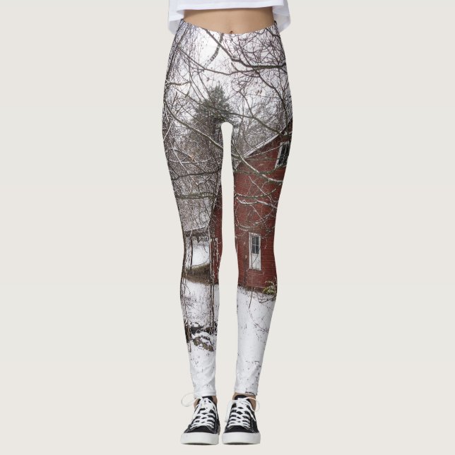 Red Barn In The Snow Leggings (Front)