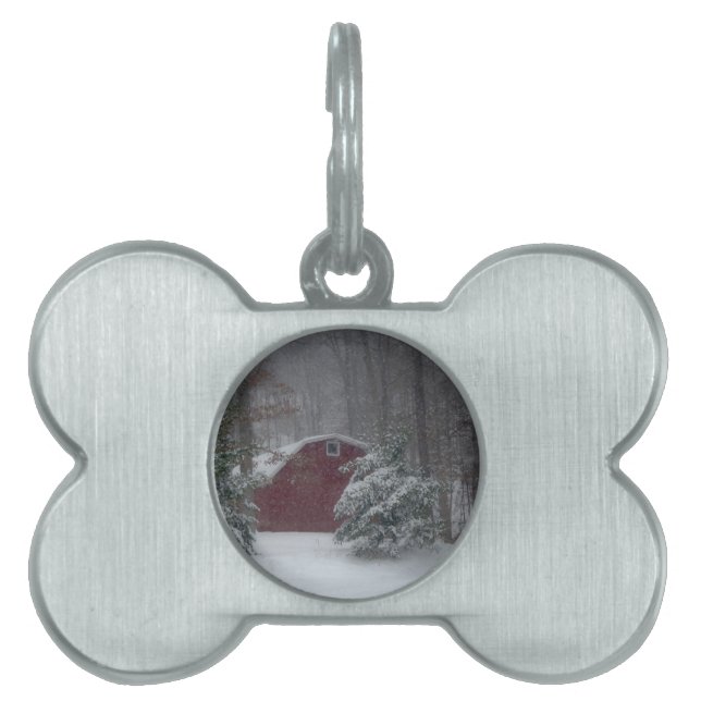 Red Barn in the Snow Pet Name Tag (Front)