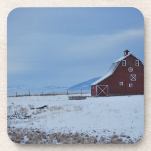 Red Barn in the Winter Rocky Mountains Coaster