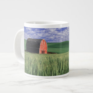 Red barn in wheat & barley field in Whitman Large Coffee Mug