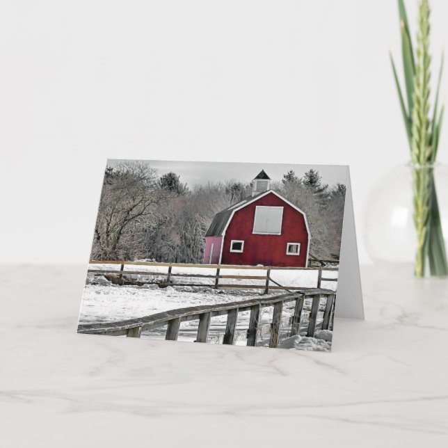 Red Barn in Winter Holiday Card (Front)