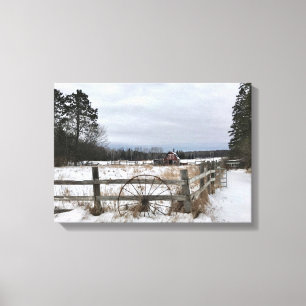 Red Barn in Winter on Canvas