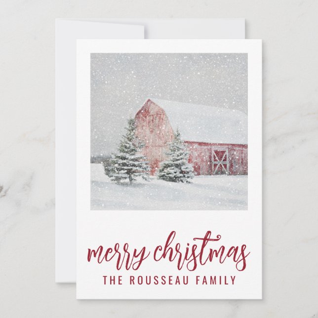 Red Barn In Winter Snow Christmas Holiday Card (Front)