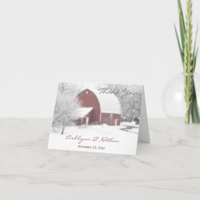 Red Barn in Winter Thank You Card 2 (Front)