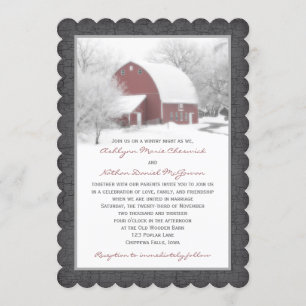 Red Barn in Winter Wedding Invitation 2