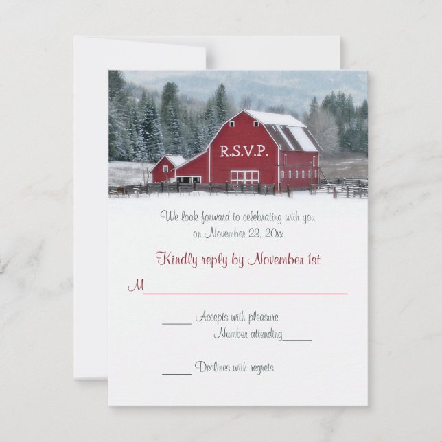 Red Barn in Winter Wedding RSVP Card (Front)