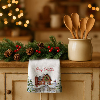 Red Barn Merry Christmas Snow Scene | Tea Towel