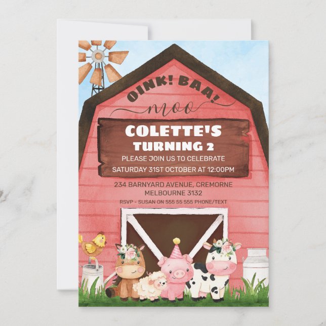 Red Barn Oink Baa Moo Farm Animals Birthday Invitation (Front)