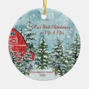 Red Barn Pine Trees Snow Our First Christmas Photo Ceramic Tree Decoration