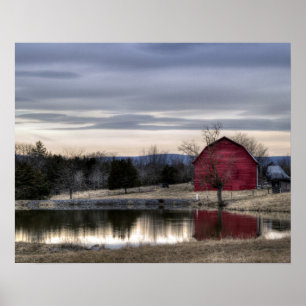 Red Barn Reflection in Water HDR Photo Poster