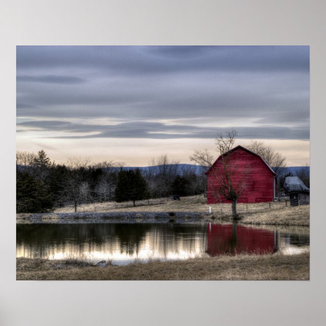 Red Barn Reflection in Water HDR Photo Poster (Front)