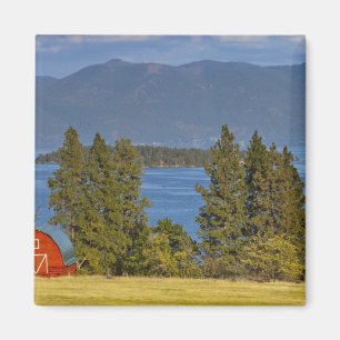 Red barn sits along scenic Flathead Lake near Magnet