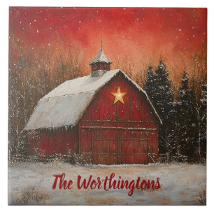 Red Barn & Snow Orange Winter Sunset Farmhouse Tile