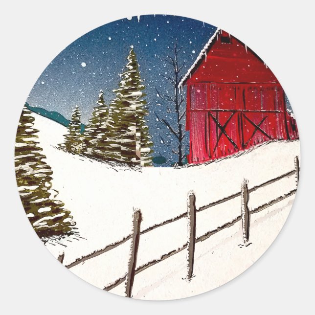Red Barn Snowy Landscape Classic Round Sticker (Front)