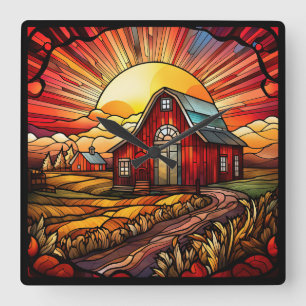 Red Barn Stained Glass Wall Clock