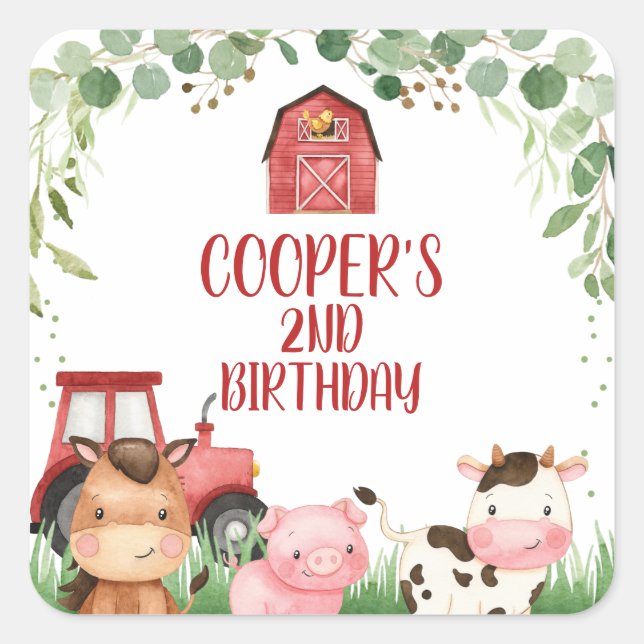 Red Barn Tractor Farm Birthday Favor Sticker (Front)