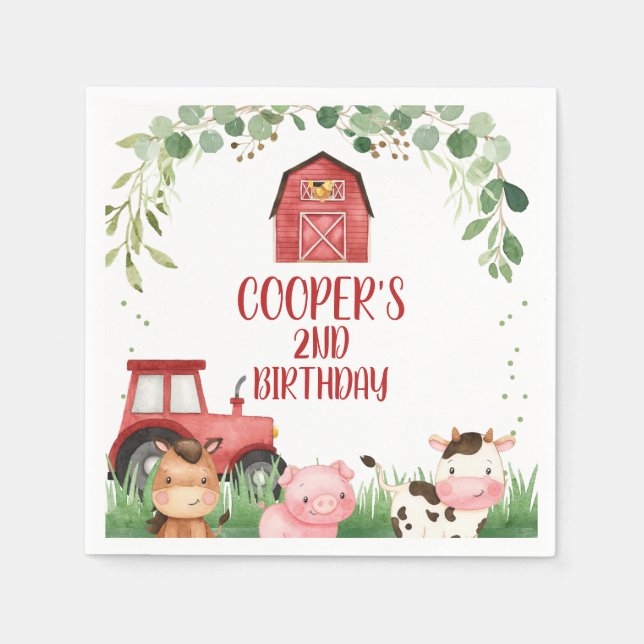 red Barn Tractor Farm Foliage Birthday Napkin (Front)
