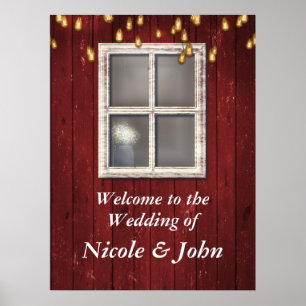 Red Barn Window & Lights Rustic Banner Poster