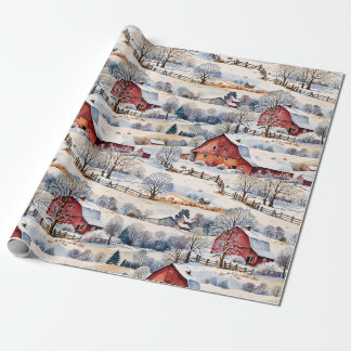 Red Barn Winter on the Farm Wrapping Paper