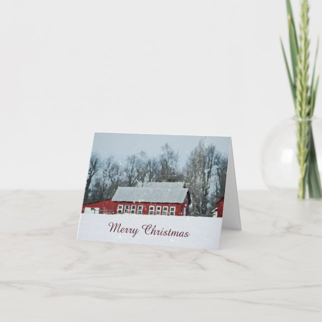 Red Barn Winter Scene Christmas Card (Front)