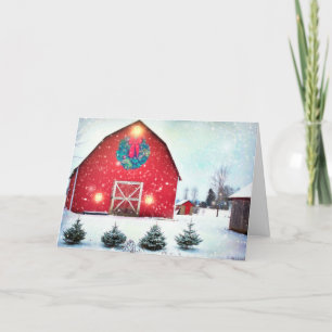 Red Barn with Christmas Wreath Holiday Card