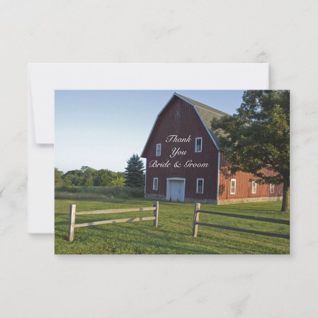 Red Barn with Fence Country Wedding Thank You Note Card (Front)