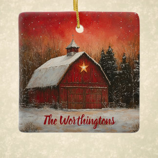 Red Barn with Star and Trees Farmhouse Monogram Ceramic Ornament
