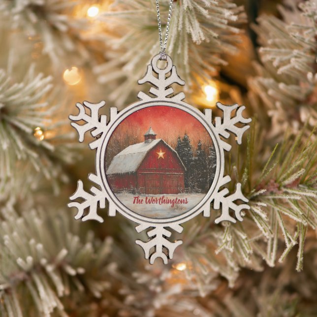 Red Barn with Star and Trees Farmhouse Monogram Snowflake Pewter Christmas Ornament (Tree)