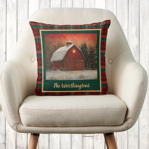 Red Barn with Star n Snow Farmhouse Monogram Plaid Cushion