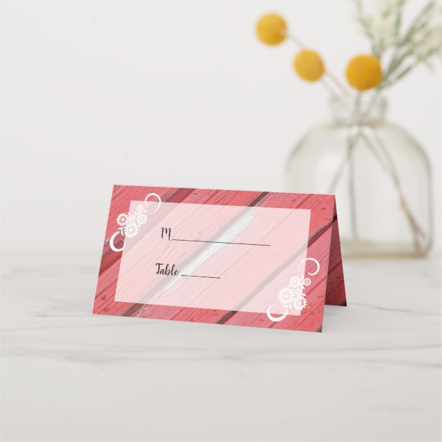 Red Barn Wood and Flowers Country Wedding Place Card (Front)