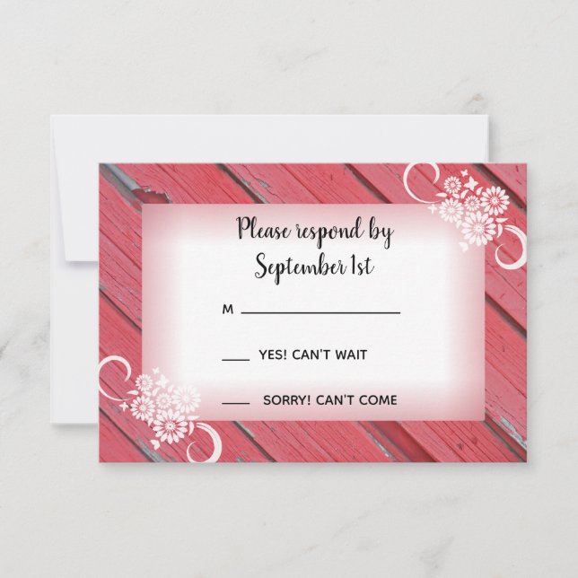 Red Barn Wood and Flowers Country Wedding RSVP (Front)